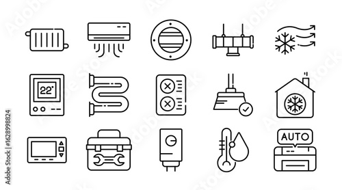 HVAC system linear icon set. Heating, ventilation, air conditioning, thermostat, airflow, duct, fan, filter, temperature control, cooling, energy efficiency, repair vector icon set. UI thin line pack