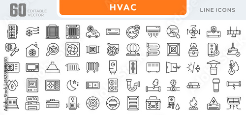HVAC system linear icon set. Heating, ventilation, air conditioning, thermostat, airflow, duct, fan, filter, temperature control, cooling, energy efficiency, repair vector icon set. UI thin line pack