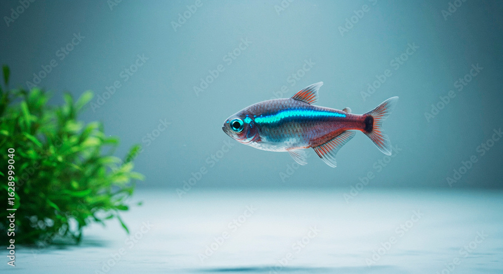 Fototapeta premium Neon tetra fish swimming gracefully in an aquarium with plants 