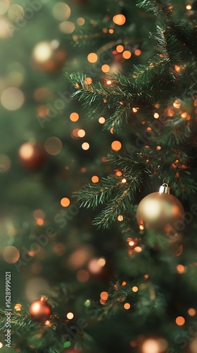 Closeup christmas tree lights and ornaments