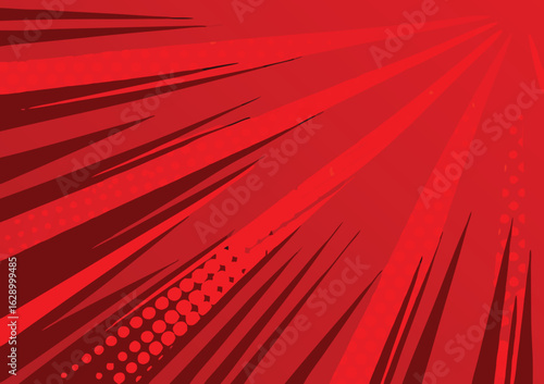 Bold red comic book pop art style background with speed lines and dots for graphic designs