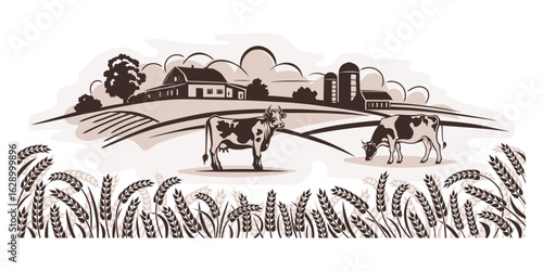 Sketch of a rural landscape, farm and wheat field, agriculture and harvest, isolated silhouette on white background, vector illustration
