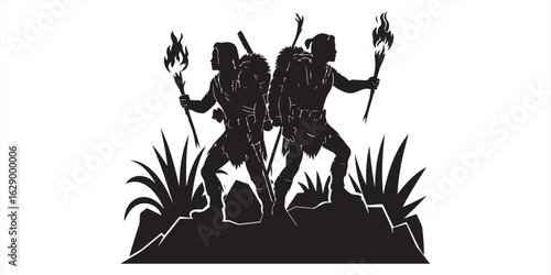 Two figures with torches stand on a hill with plants in a black and white silhouette illustration