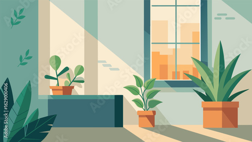 A corner filled with plants and natural light promoting a calming and positive environment.. Vector illustration