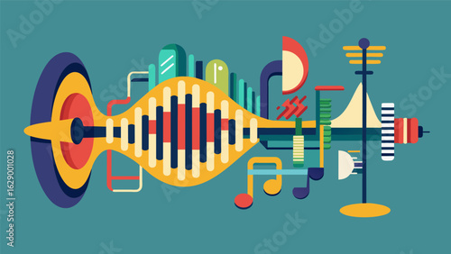 A sculpture made entirely of musical instruments carefully arranged and fixed in place to mimic the unique shape and movement of a songs sound waves. Vector illustration