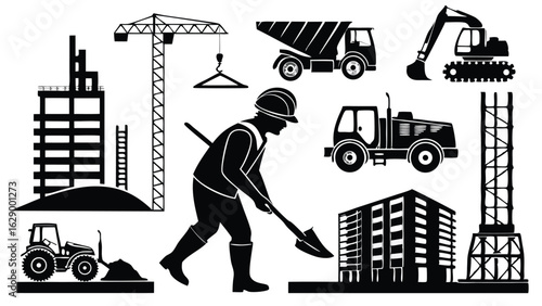 Construction worker digging with shovel near buildings and vehicles.eps