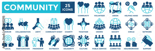 Community icon collection set. Containing together, diversity, solidarity, volunteer, society, friendship, unity icon. Simple dual tone vector illustration	