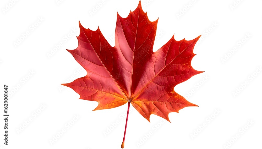 Fototapeta premium A vibrant red maple leaf, isolated on a white background, showcases autumnal colors and intricate veining