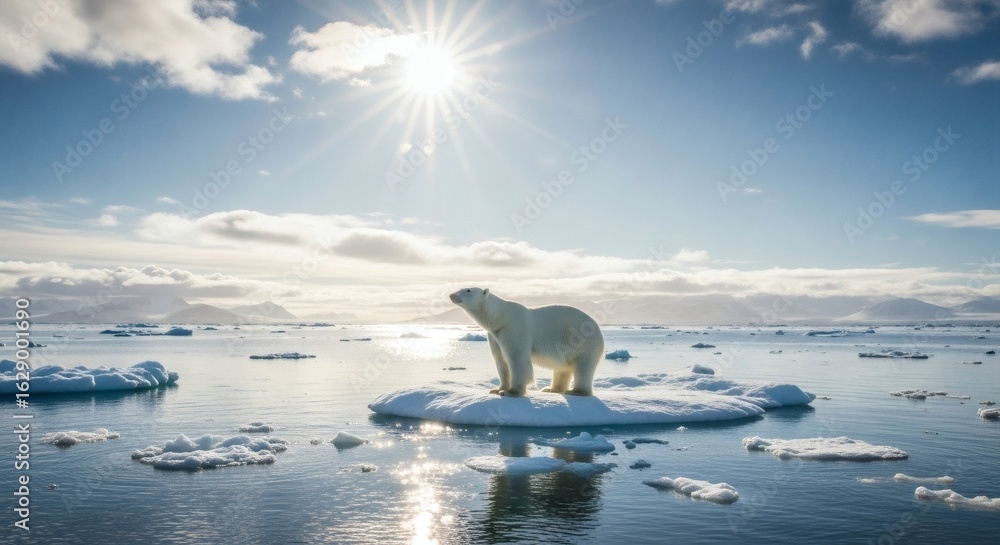 Fototapeta premium Polar bear on a melting ice floe in a bright arctic landscape, facing the sun.