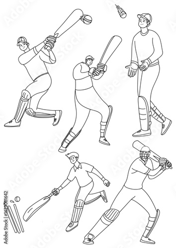 Cricket Players Illustration Set — Line Art of Batsmen, Fielders, and Action Poses for Sports Coloring Book, Poster, or Design Concept — Outline Vector of Cricket Game and Equipment