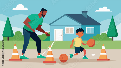 A father and son teaming up to play a game of Basketball Dribble Derby dribbling a ball through a series of cones and obstacles in their driveway.. Vector illustration