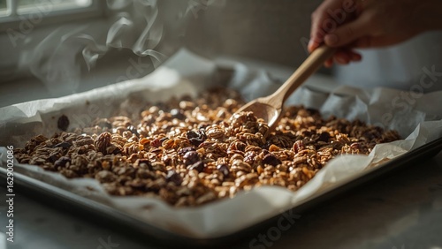 Homemade Granola Cooling on Baking Sheet with Wooden Spoon