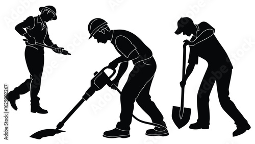 Construction workers digging and drilling jackhammer.eps