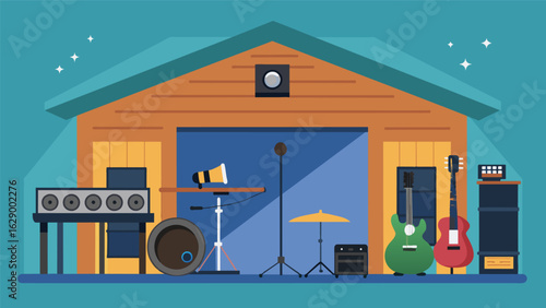 A converted garage turned into a recording studio boasting professionalquality speakers mixing equipment and a vast selection of instruments and Vector illustration
