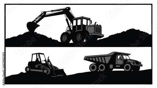 Excavator bulldozer dump truck construction scene heavy machinery.eps