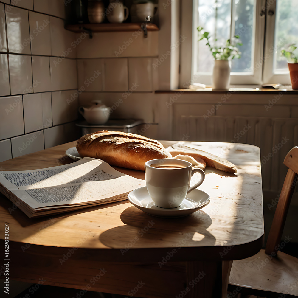 Obraz premium Wooden dining table with breakfast setting in cozy natural light kitchen