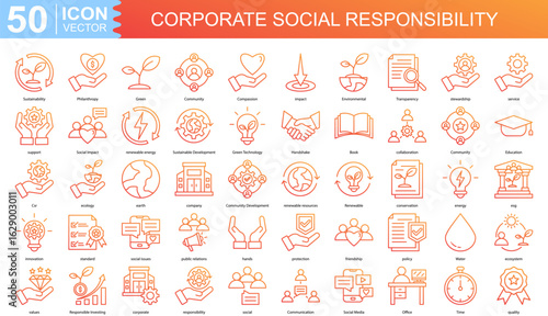 corporate social responsibility icon collection set. Containing Sustainability, Philanthropy, Green, Community, Compassion icon