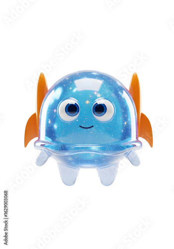 Whimsical 3D rendered alien character in a space themed setting with transparent background. Adorable design with radiant blue hues and star accents. Orange rocket wings.