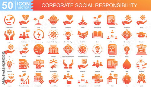 corporate social responsibility icon collection set. Containing Sustainability, Philanthropy, Green, Community, Compassion icon