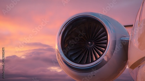 Close-up of private jet engine against a soft pink-orange sunset sky