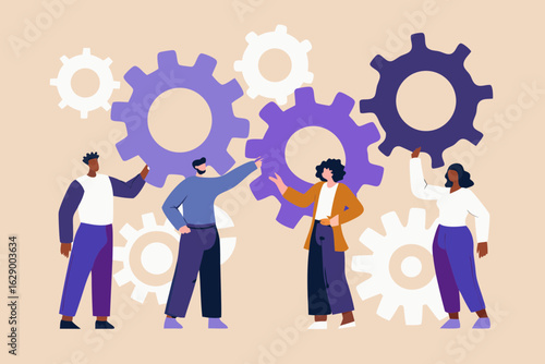 Diverse team working together with gears for collaboration and teamwork