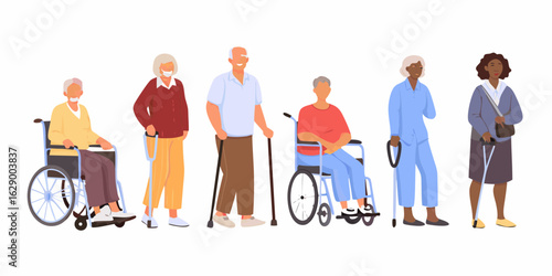 Diverse group of seniors with mobility aids and wheelchairs