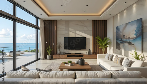 Sea view Living room with television in modern luxury beach house, Vacation home for big family - Interior 3d rendering
