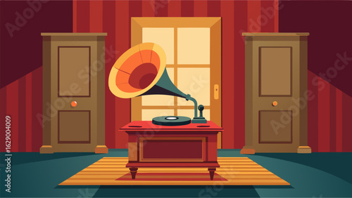 A gramophone sits on a table near the entrance inviting guests to take a step back in time and listen to a record played through the iconic horn. Vector illustration