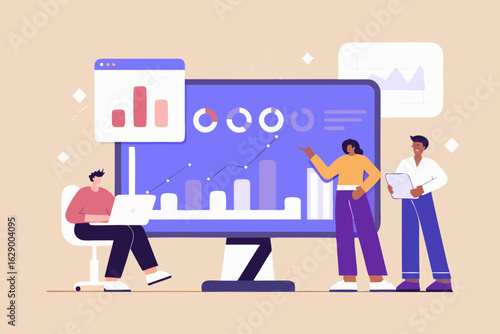 Team analyzing financial data and charts on a large computer screen