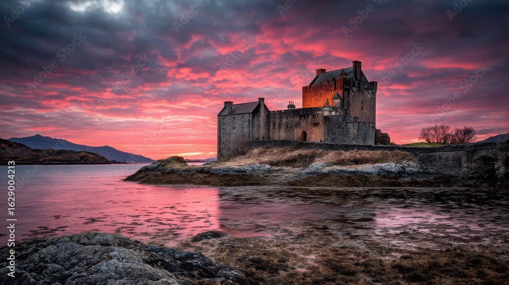 Fototapeta premium Majestic Castle Overlooking Serene Waters at Sunset With Vibrant Sky