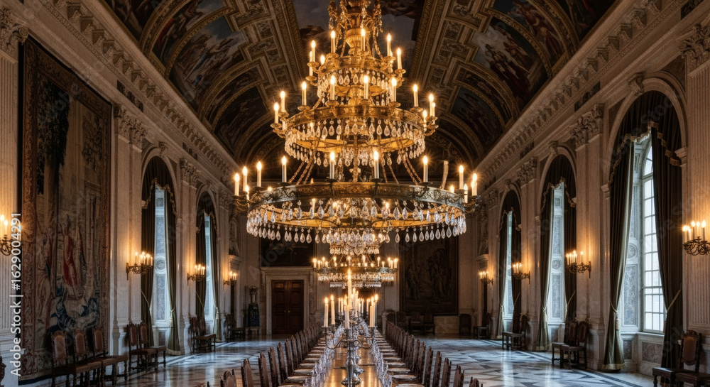 Obraz premium Interior view of a grand hall with chandeliers, long table, and arched windows and paintings on the ceiling