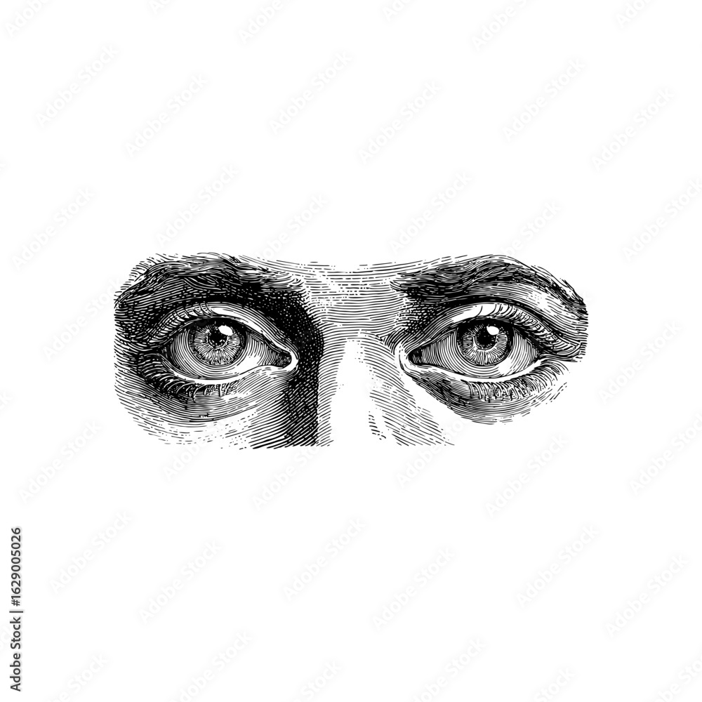 Fototapeta premium Engraving style illustration of human eyes with detailed irises in black and white on transparent background – Medical vector for healthcare posters, allergy brochures, and anatomy textbooks