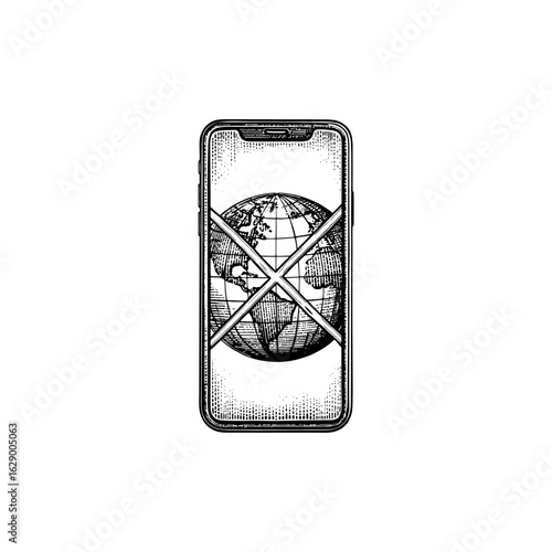 Engraving style illustration of smartphone with crossed-out globe icon in black and white on transparent background – Conceptual vector for digital detox campaigns, offline communication posters, and 