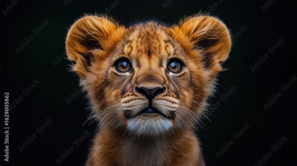 Fototapeta premium Lion cub portrait against a dark background showing its face and upper body.