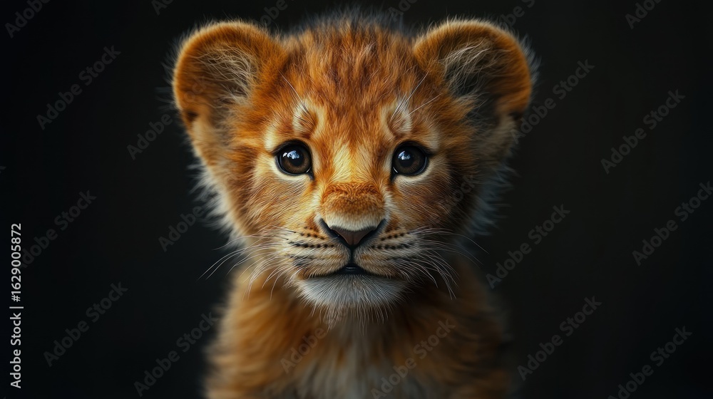 Obraz premium Close up of a lion cub with brown fur against a dark background.