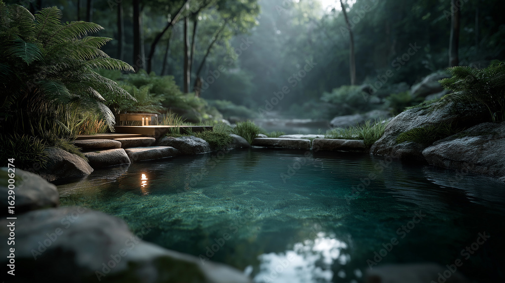 Naklejka premium A natural tropical swimming pool surrounded by ferns and moss, mist rising from the surface.