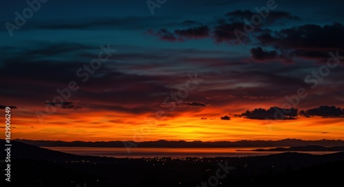 Fiery Sunset Over Tranquil Lake, Silhouetted Mountains and City Lights
