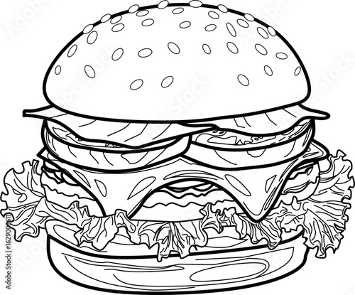 Delicious burger vector illustration. Tasty cheeseburger with lettuce, tomato, meat, and sesame bun. Perfect for fast food menus, restaurant ads, and food packaging design