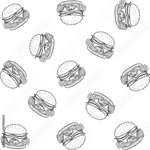 Delicious burger vector illustration. Tasty cheeseburger with lettuce, tomato, meat, and sesame bun. Perfect for fast food menus, restaurant ads, and food packaging design