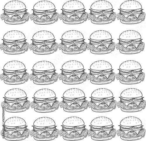 Delicious burger vector illustration. Tasty cheeseburger with lettuce, tomato, meat, and sesame bun. Perfect for fast food menus, restaurant ads, and food packaging design