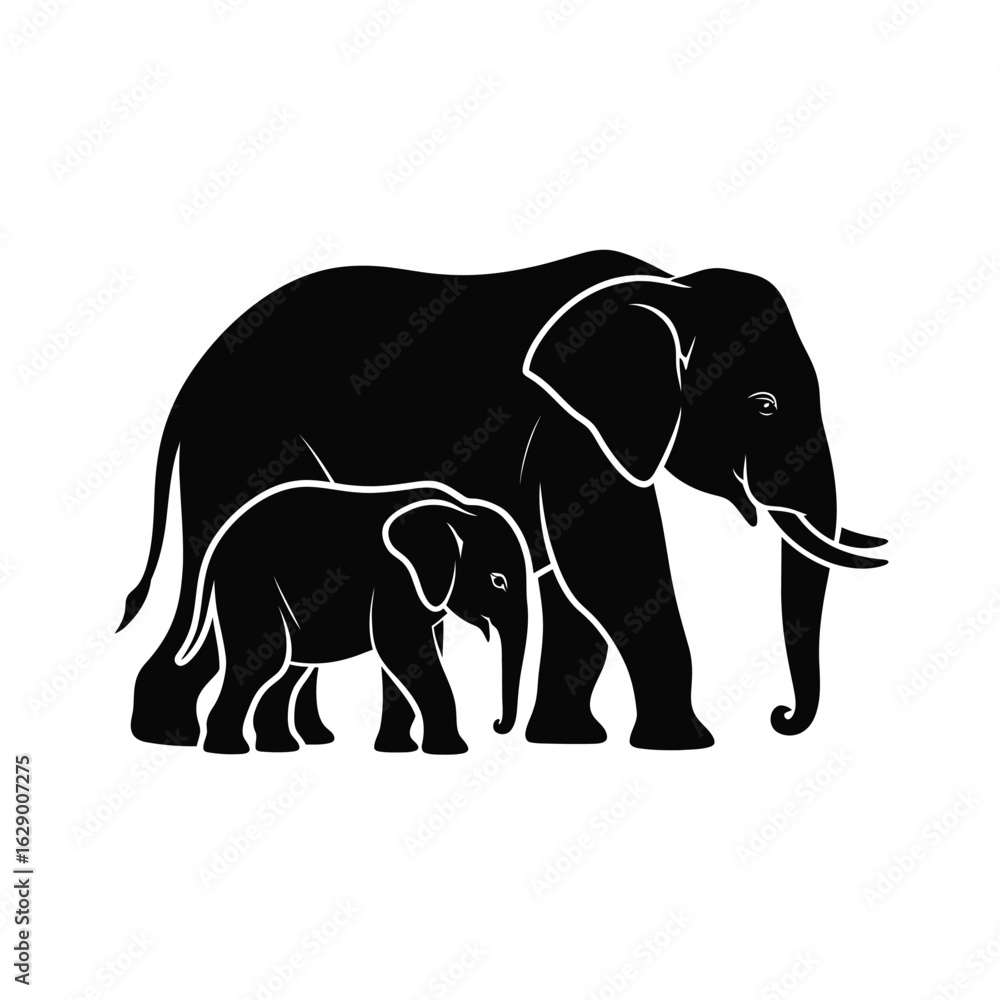 Fototapeta premium Silhouette of a mother elephant and her calf walking together