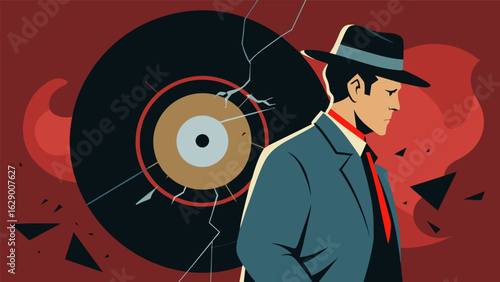 A crime drama features a detective who uses the scratches and imperfections on a vintage vinyl record to unlock a code and solve a murder case. Vector illustration