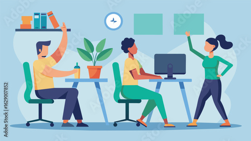 A group of coworkers kick off their virtual workday by doing a quick warmup with easy chair exercises getting their bodies and minds ready for a day. Vector illustration