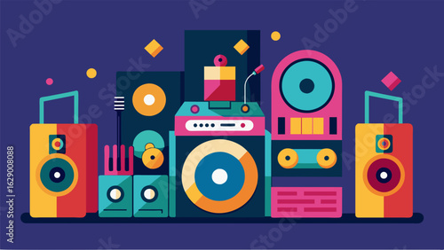 A music lovers dream setup featuring a vinyl record player amplifier and multiple speakers for a truly immersive auditory experience. Vector illustration