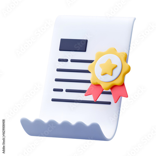 3d rendered certificate with golden seal and red ribbons isolated on transparent background