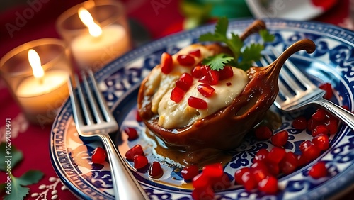 Traditional kueh lapis dessert with red and white frosting patterns on marble plate.