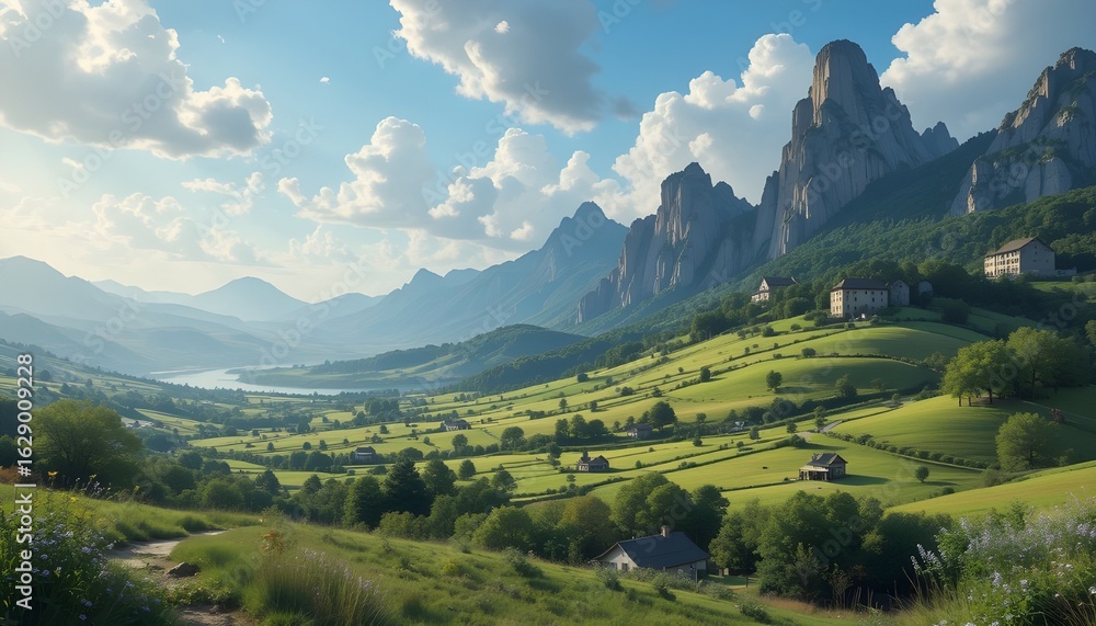 Obraz premium Lush Valley with Mountain Peaks