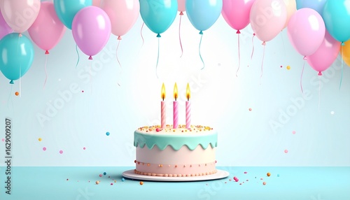 birthday cake with candle, balloons