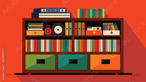 A custombuilt record storage unit meticulously organized and filled with rare and soughtafter vinyl records from all genres and eras. Vector illustration