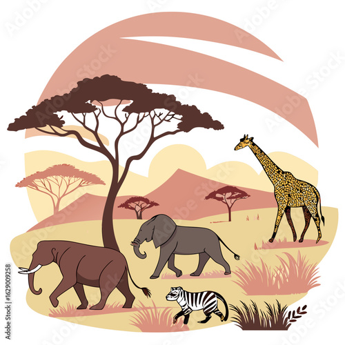 African Savanna Sunset Wildlife Illustration